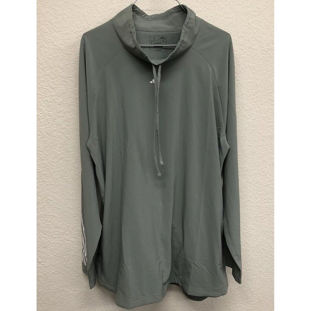 Large Adidas Loose Pullover Jacket Woman’s Olive Green White Stripe Mock Neck